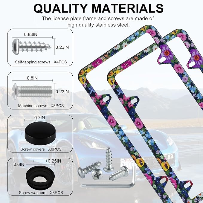 LivTee Flower Floral License Plate Frames, 4 Holes Stainless Steel License - Image 4