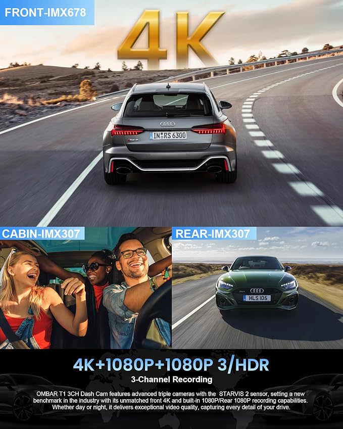 OMBAR T1 4K 3 Channel Dash Cam, STARVIS 2 IMX678 Sensors, Free 128GB Card - Image 3
