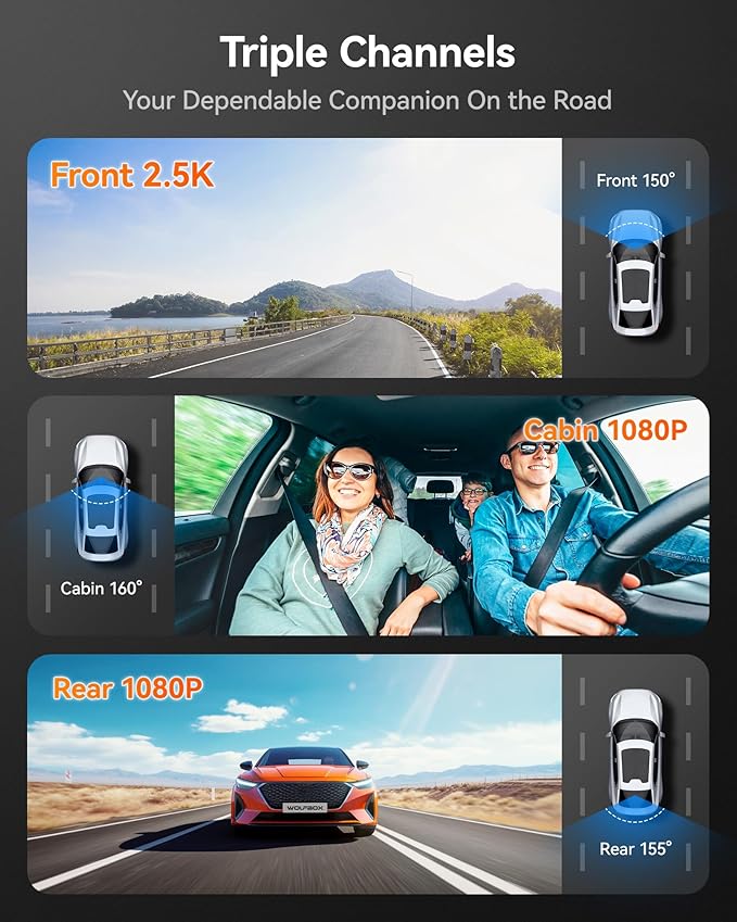 WOLFBOX i07 3 Channel Dash Cam Built-in WiFi GPS, 4K Dash Camera Front and - Image 2