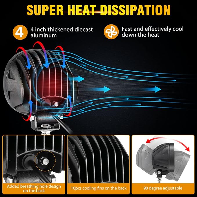 Auxbeam 4 Inch Round Offroad Light, 90W LED Amber White Spot Strobe Light Pods - Image 6