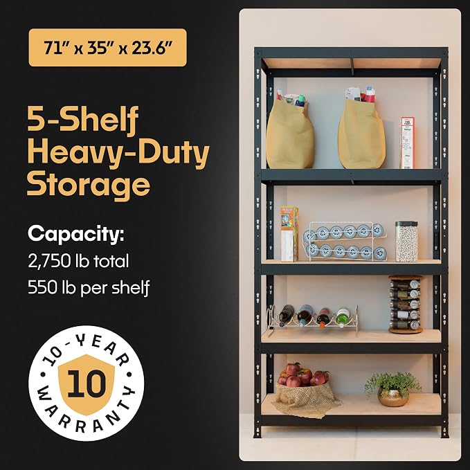 Storage Shelves: 5 Storage Shelves Heavy Duty w/ 2, 750 lb Total Load Capacity - Image 4