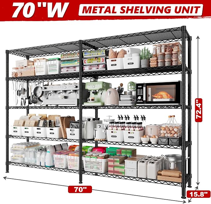 REIBII 70"W Storage Shelves Load 1600LBS, Metal Shelving 5-tier Wire Shelving - Image 3