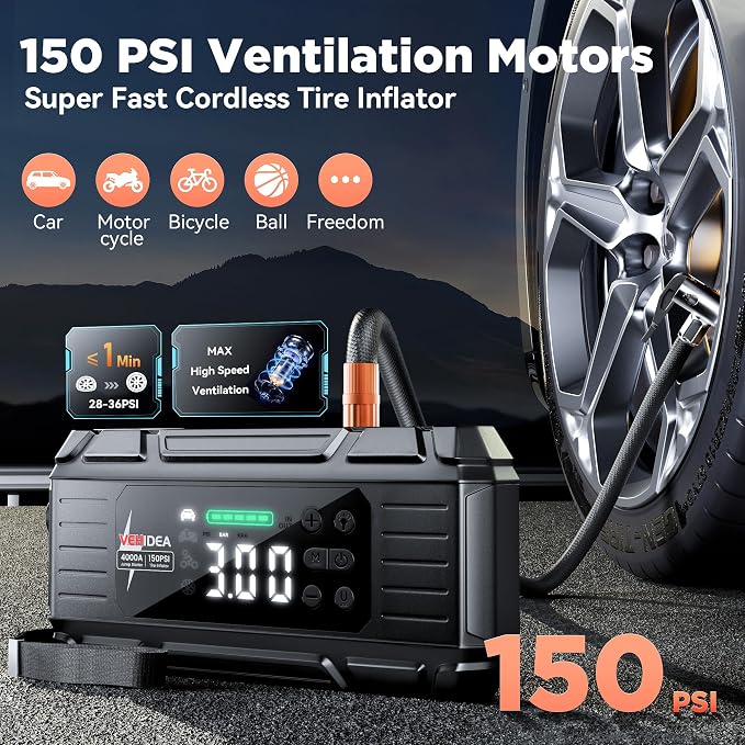 Jump Starter with Air Compressor: 4000A 150PSI Car Battery Charger - 65W Tire - Image 3
