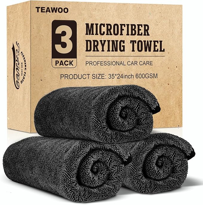 3-Pack Microfiber Towels for Cars, Extra Large Super Absorbent Car Drying Towel by TEAWOO