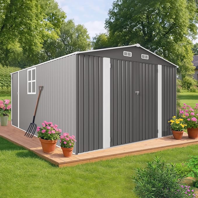 10 x 14 FT Large Outdoor Storage Shed w/ 2 Windows, Heavy Duty Metal Garden by Unknown