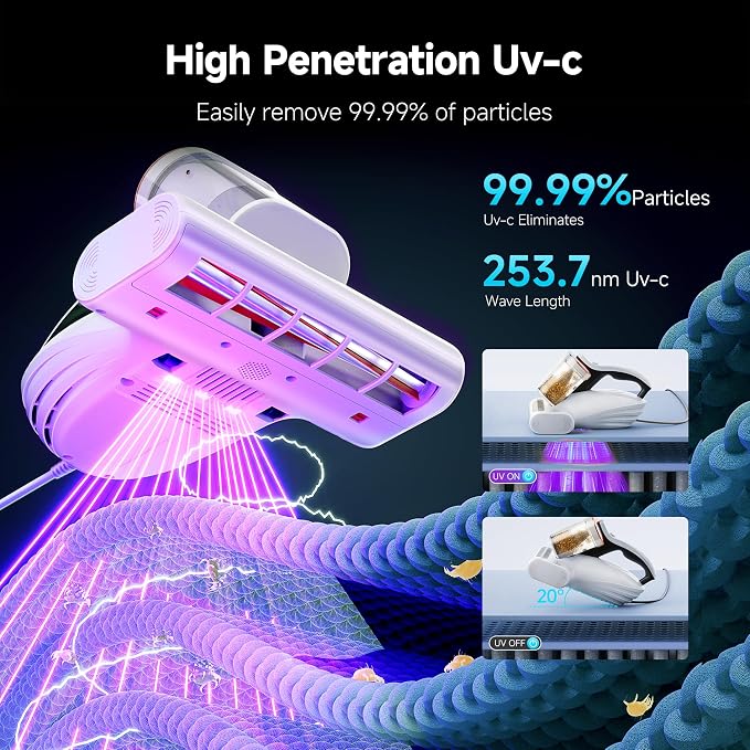 uwant Bed Cleaner with 16Kpa Suction Metal Roller 253.7nm Uv-c Light Mattress - Image 3