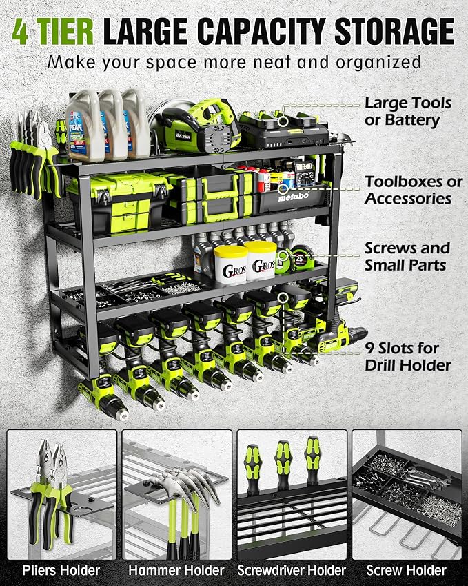 MAXIFFE 4 Layer Power Tool Organizer Wall Mount, Heavy Duty Metal Cordless Tool - Image 2