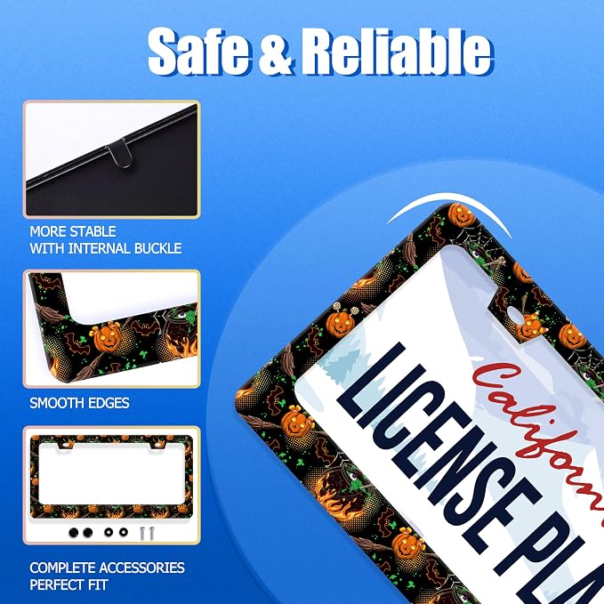 Halloween License Plate Frame Pumpkin Bats License Plate Stainless Steel Funny - Image 2