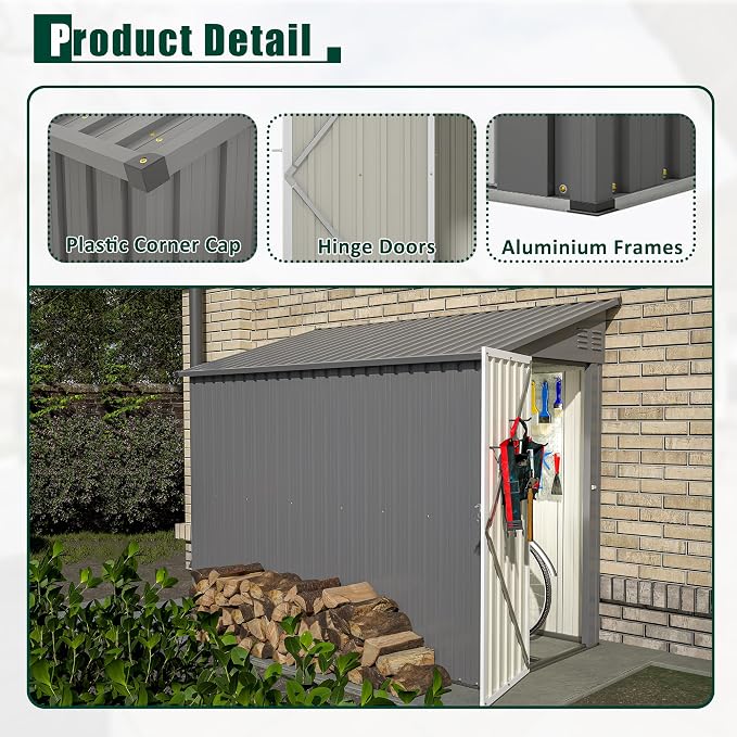 4x8 FT Outdoor Storage Shed, Lean to Metal Shed W/Floor Included, Garden - Image 8