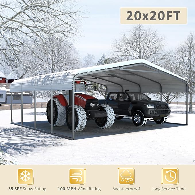 20x20 FT Carport with Metal Roof, Heavy Duty Metal Carport Canopy, Garage Car - Image 4