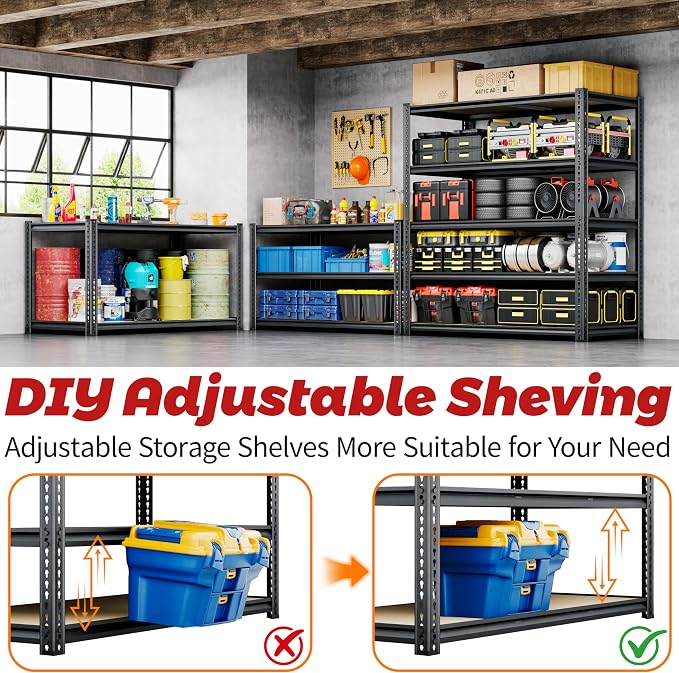 72"H Storage Shelves heavy duty, 2200LBS Garage Shelving, 5 Tier Metal Shelving - Image 6