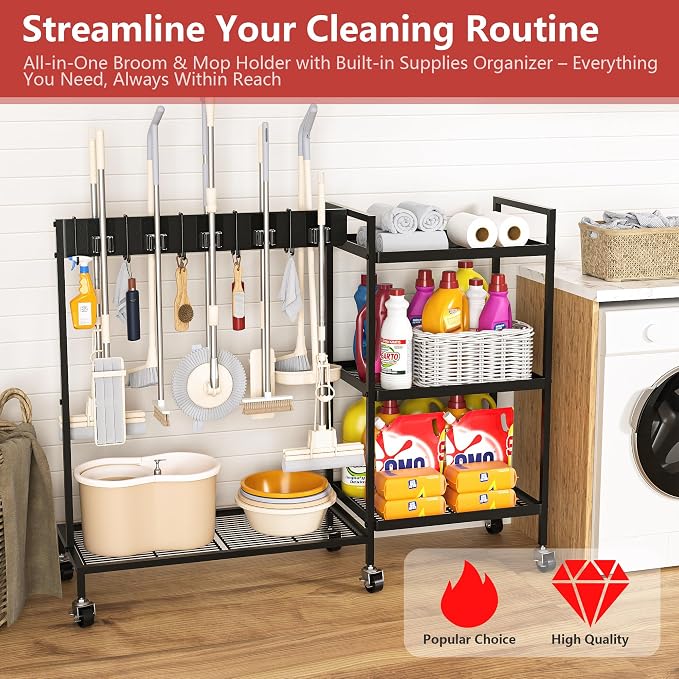GIOTORENT Heavy Duty Metal Cleaning Cart - 300lb Capacity Rolling Broom Holder - Image 5