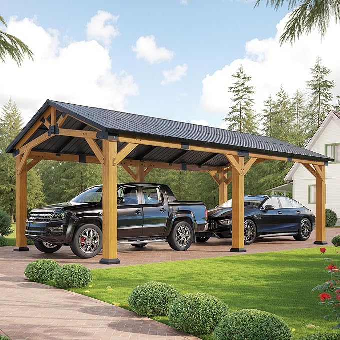 Jocisland 12x24 FT Cedar Wood Hardtop Carport by Jocisland