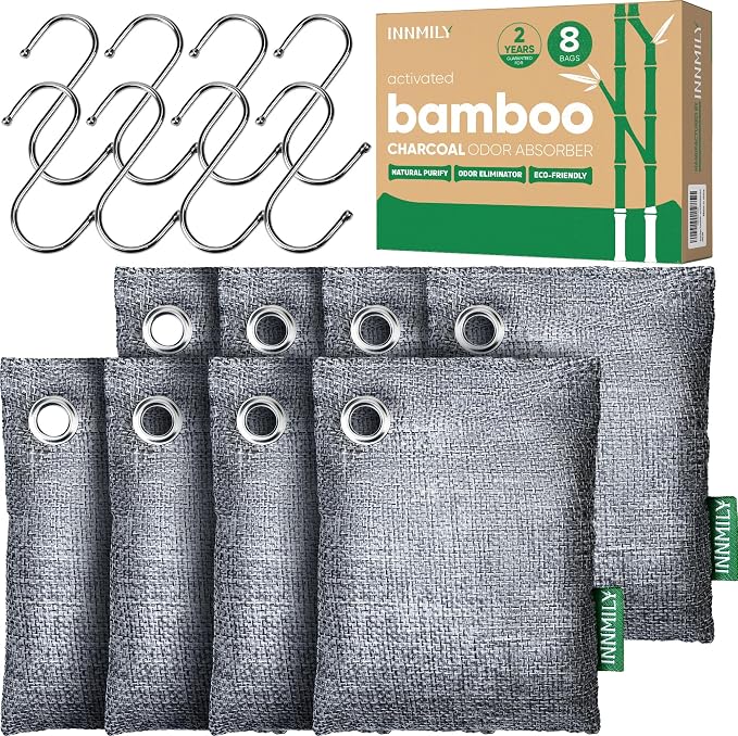 Activated Charcoal Odor Absorber, 8 Pack w Hooks Nature Odor Eliminator by Innmily