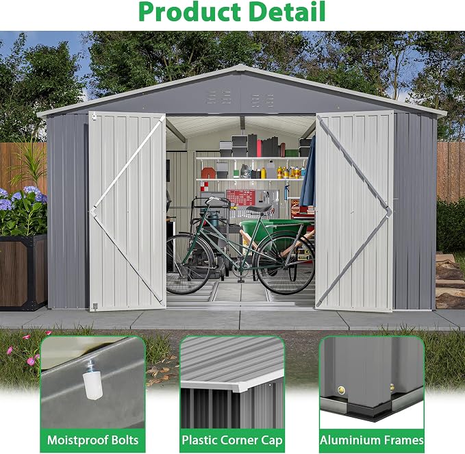 11x13ft Outdoor Metal Storage Shed, Steel Utility Tool Shed Storage House - Image 5