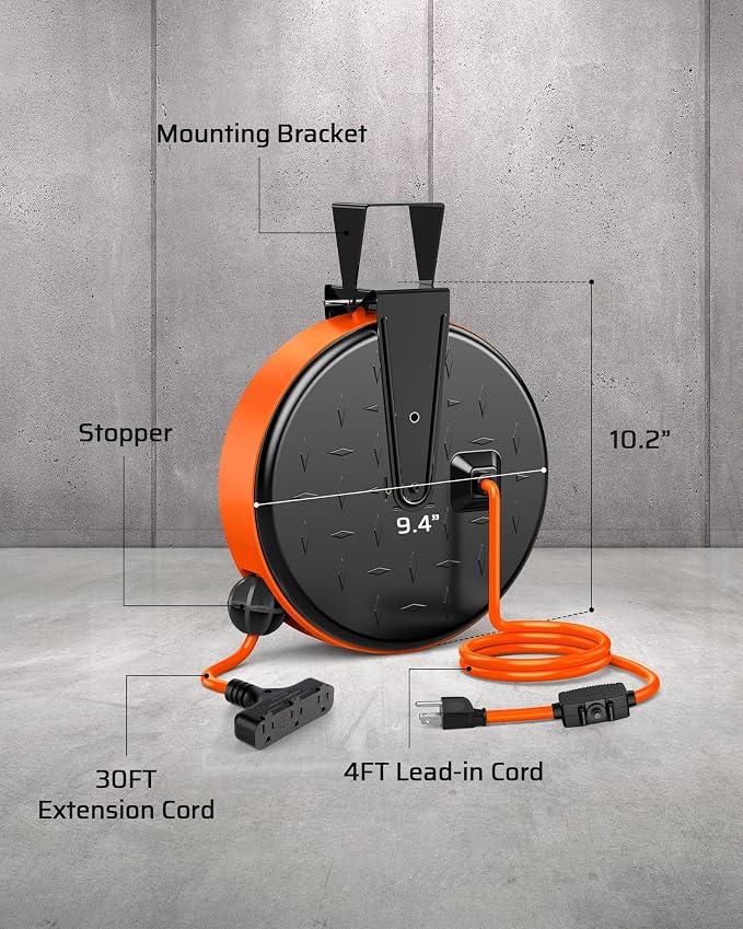DEWENWILS 30FT Extension Cord Reel, 16/3 Gauge SJTW Power Cord, Retractable - Image 5
