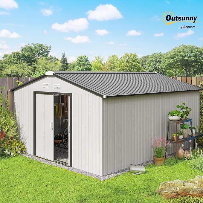 Outsunny 11' x 13' Outdoor Storage Shed, Garden Tool Metal Shed - Image 2