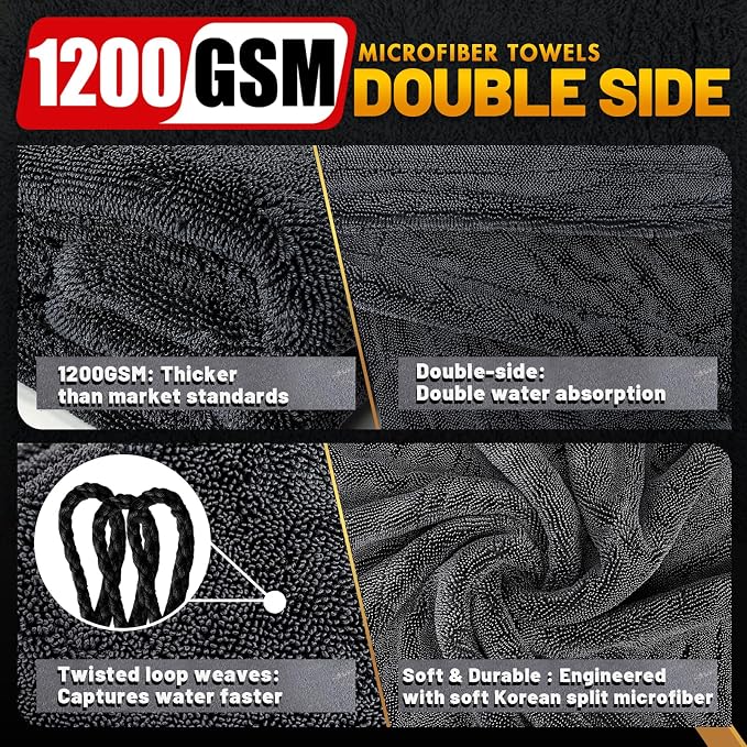 Microfiber Towels for Cars, 2 Pack 1200GSM Car Drying Towel, Dual Sided Drying - Image 2