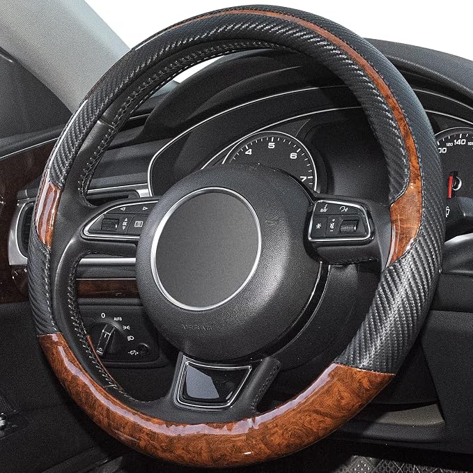Xizopucy Wood Grain Steering Wheel Cover Black Universal Microfiber Leather - Image 2