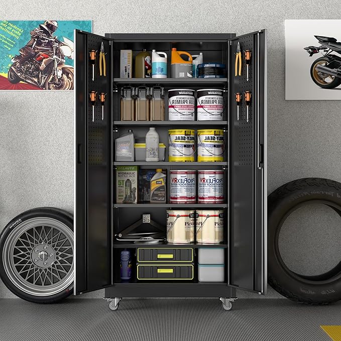 Garage Storage Cabinet with Wheels & Pegboard, Assembly Required - Image 4