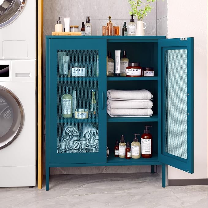 Metal Storage Cabinet with Mesh Doors, Steel Display Cabinet with Adjustable - Image 7