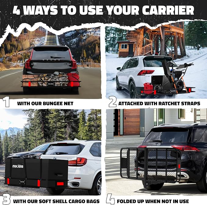 Mockins 60"x20"x6" Trailer Hitch Cargo Carrier | Weatherproof Steel Folding - Image 2