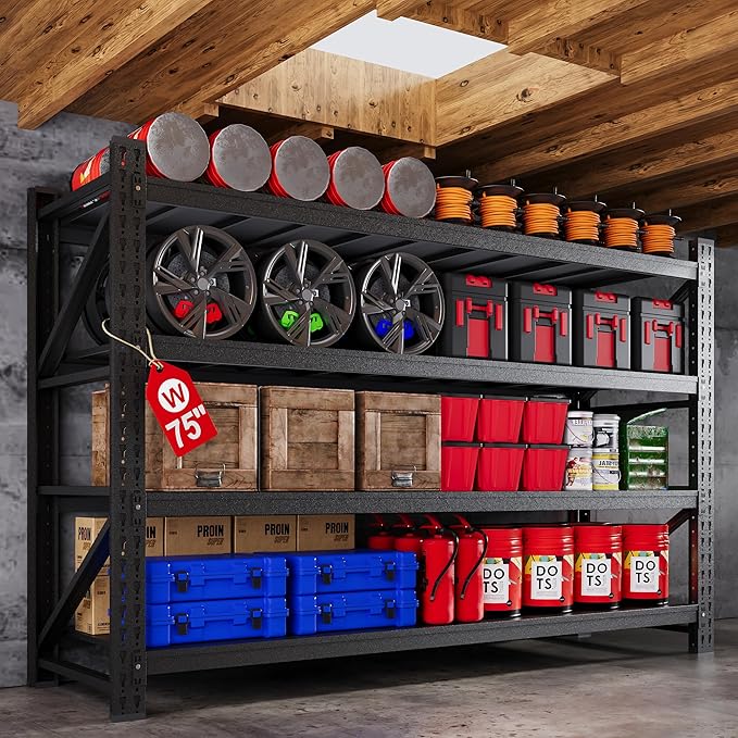75” W Heavy Duty Metal Shelf, 8000LBS Metal Garage Shelving Units, 4 Tier by AFAIF