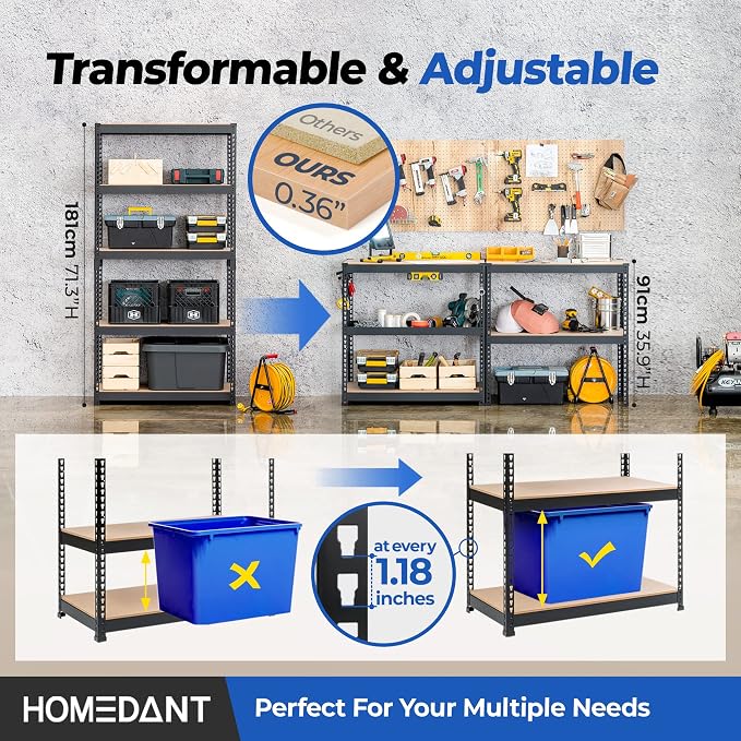 HOMEDANT 5 Tier Laminated Boltless Metal Shelving Unit Adjustable Garage - Image 4