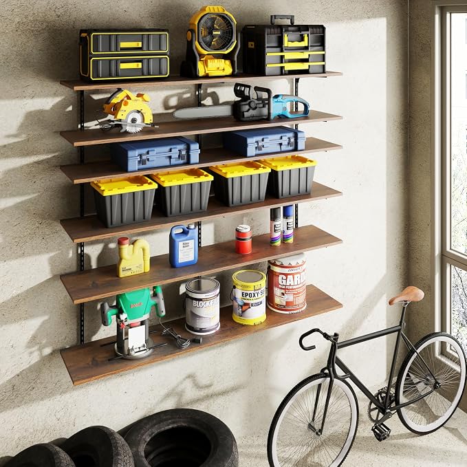 ROGMARS 60" W Garage Wall Mounted Shelving Heavy Duty, 6 Tier Garage Shelves by 100RealSolidWood