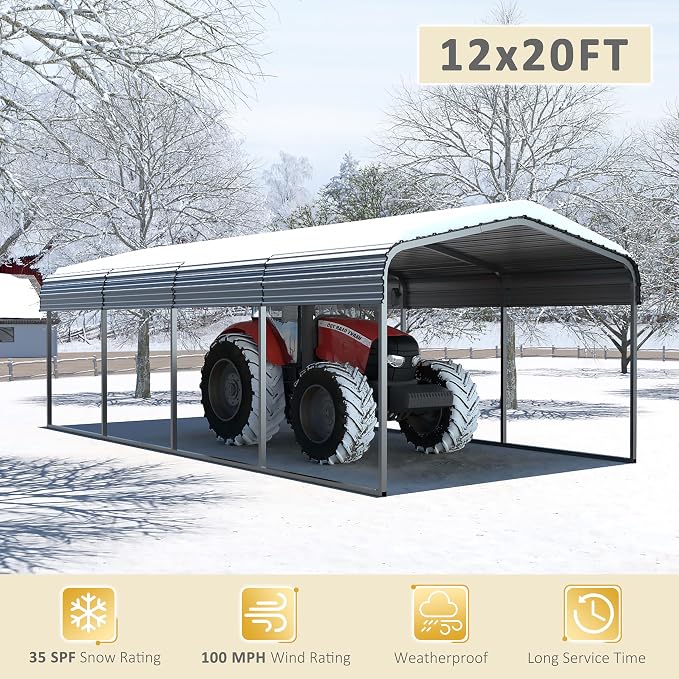 12x20 FT Outdoor Carport with Metal Roof, Heavy Duty Metal Carport Canopy - Image 3