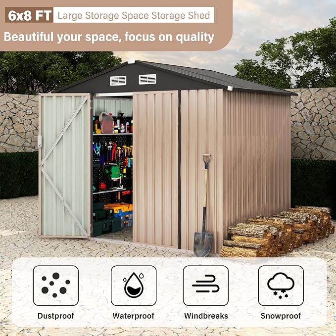 6x8x6.4 FT Outdoor Storage Sheds, Metal Garden Tool Shed - Image 7