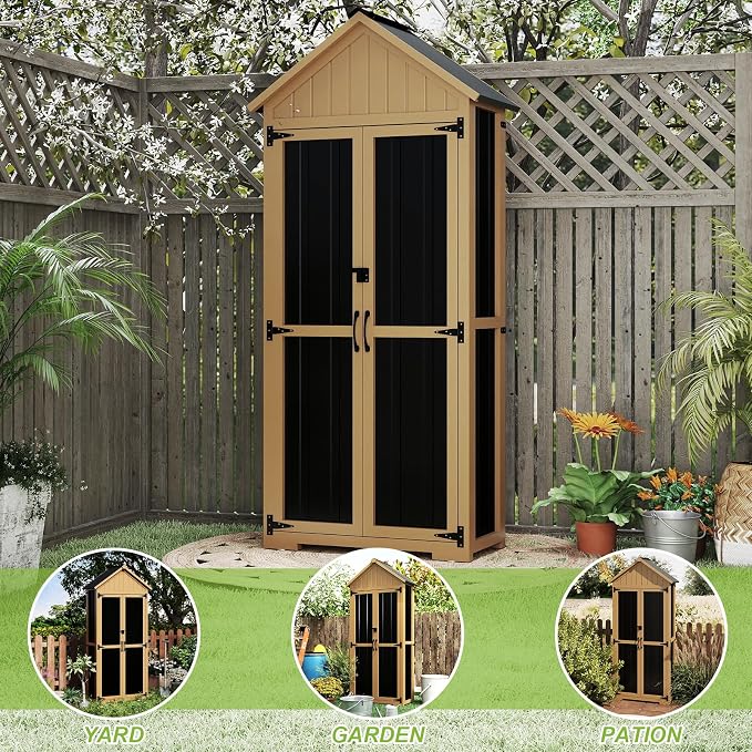 Outdoor Storage Cabinet with Shelf, Wood & Metal Storage Shed with Lockable - Image 6