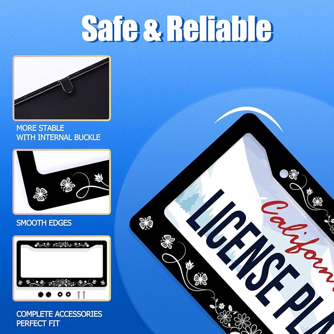 Black White Daisy Butterfly License Plate Frame Flowers License Plate Stainless - Image 2