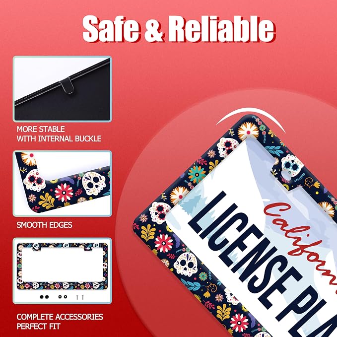 Sugar Skull Flowers License Plate Frame Cute Colorful License Plate Frames - Image 2