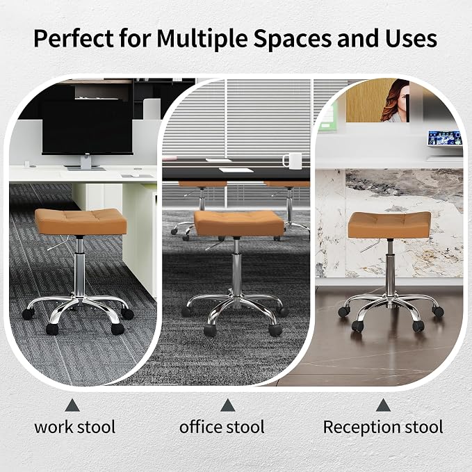 Office Stool with Wheels Brown Faux Leather Workbench Stool - Image 6
