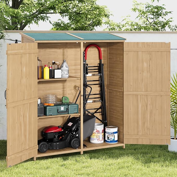 Wooden Outdoor Storage Cabinet, Lockable Double Doors, Removable Shelves - Image 3
