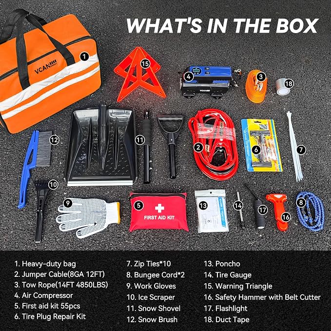 Car Emergency Kit with Portable Air Compressor, Winter Car Safety Roadside - Image 2