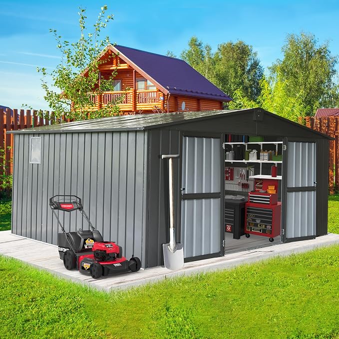 Domi Outdoor Storage Shed 11' x 12.5', Metal Sheds Steel Utility Tool Storage by domioutdoorliving