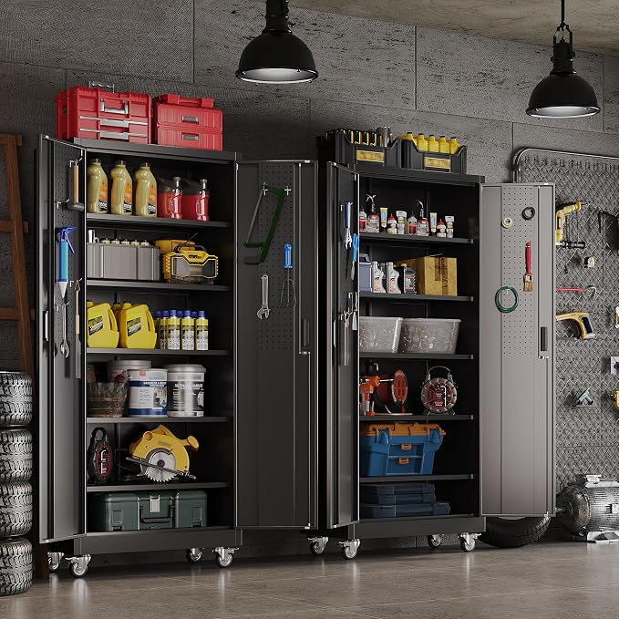 Garage Storage Cabinet with Wheels Pegboard and 5 Adjustable Shelves, Tool - Image 2