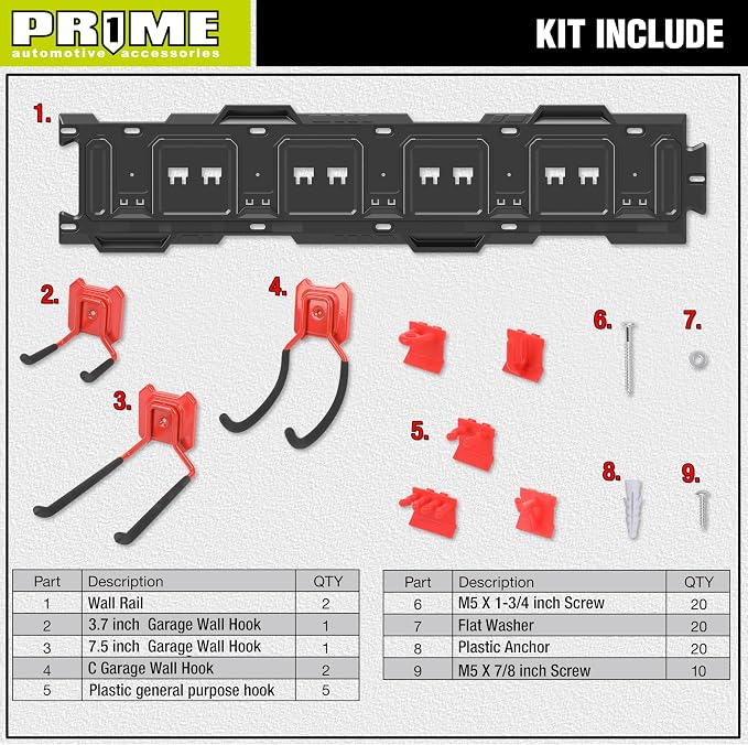 PR1ME 11 pcs Garage Storage Wall Mount Organizer Kit, Garage Storage Wall Rails - Image 2