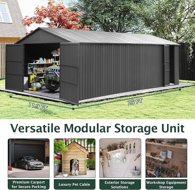 Domi 12'x25' Outdoor Metal Garage Shed, Weatherproof Enclosed Carport - Image 9