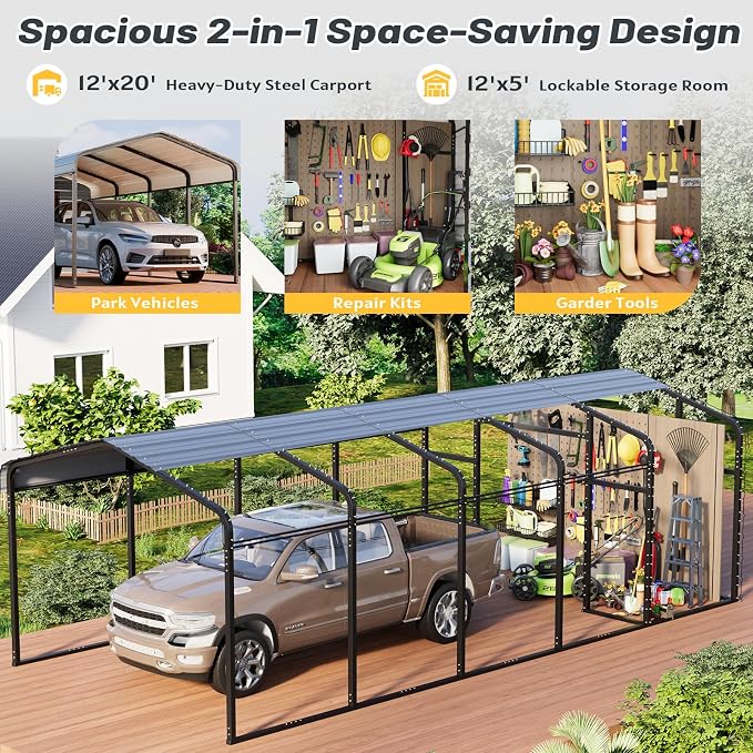 EROMMY 12x25 FT Carport Storage Shed 2-in-1, Heavy Duty Car Port - Image 3