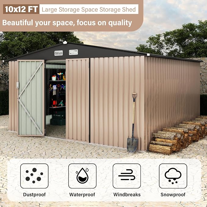 10X12FT Outdoor Metal Storage Shed, Lockable Weatherproof Garden Shed - Image 9