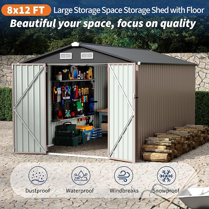 8x12x6.4 FT Outdoor Storage Sheds, Metal Garden Tool Shed - Image 4