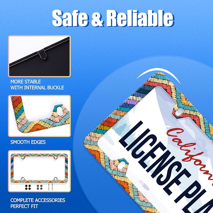 Boho License Plate Frame Colorful Stripe License Plate Stainless Steel Funny - Image 2