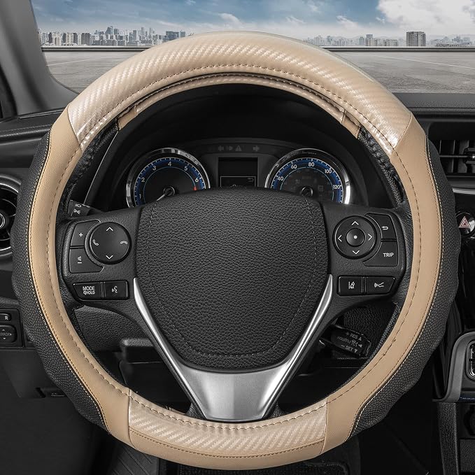 Motor Trend UltraSport Beige Carbon Fiber Steering Wheel Cover, Standard 15 by MotorTrend