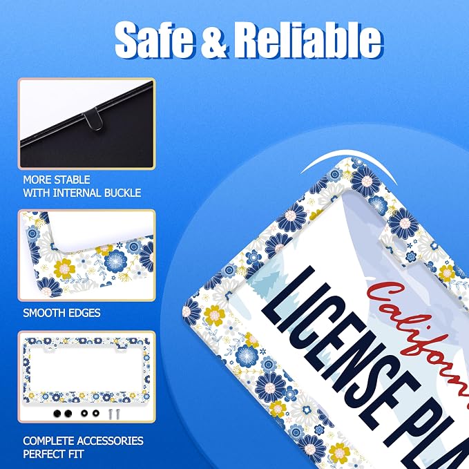 White Blue Hippie Flowers License Plate Frame Colorful Floral License Plate - Image 2