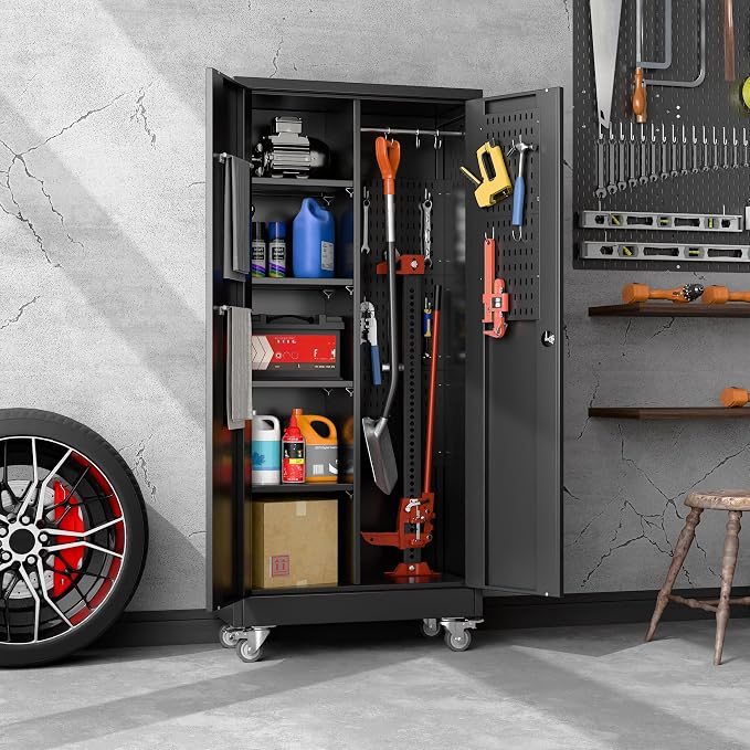 Garage Storage Cabinet with Wheels, 61.7" H Broom Closet Storage Cabinet with - Image 2