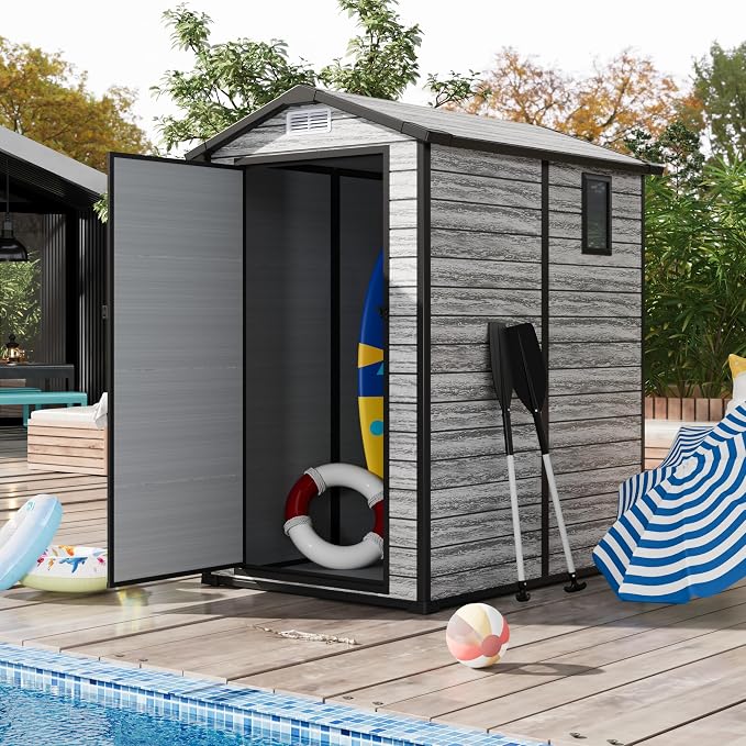 All-Weather Plastic Shed with Window, Outdoor Resin Garden Shed with Lockable by RELJOFUM
