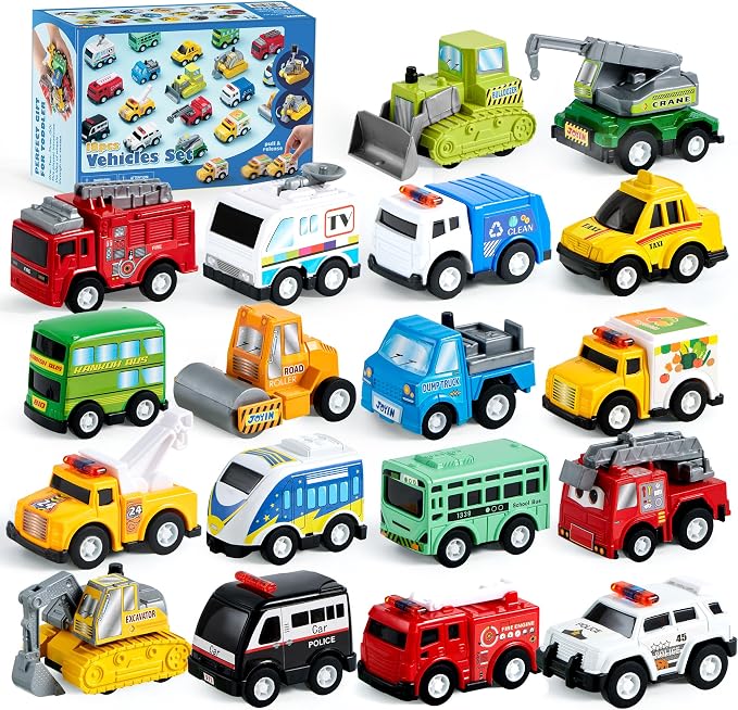 JOYIN 18 Pcs Pull Back City Cars and Trucks Toy Vehicles Set, Friction Powered by JOYIN